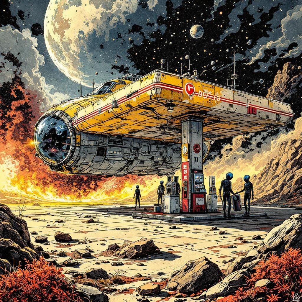 Aliens Fueling Spaceship: Ink Drawing at Space Station