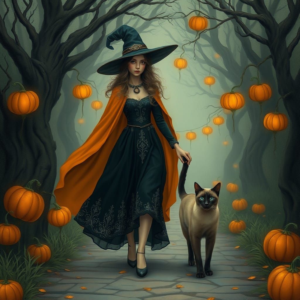 Witch and Siamese Cat Stroll Down Pumpkin Lane