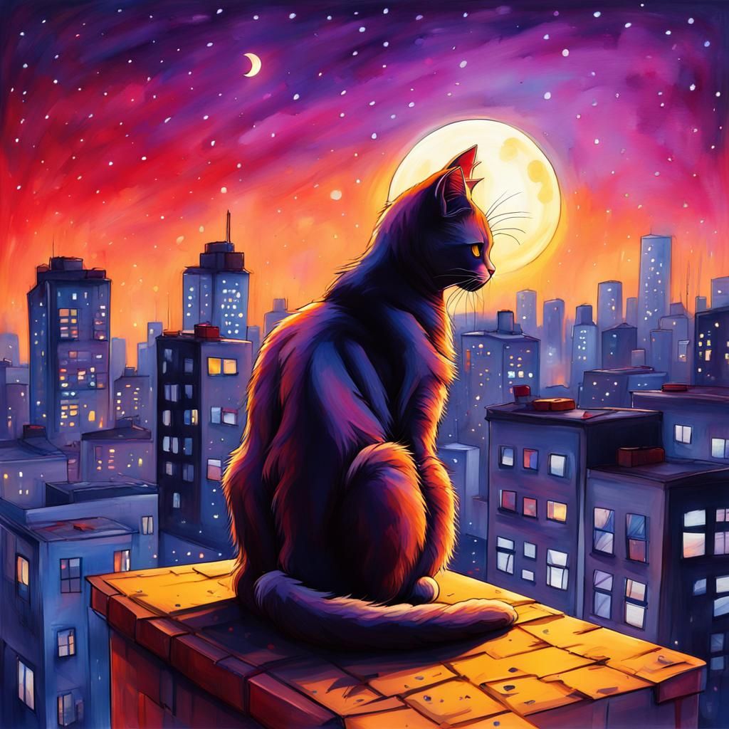 Cityscape Cat: Graffiti Art Under Crescent Moon