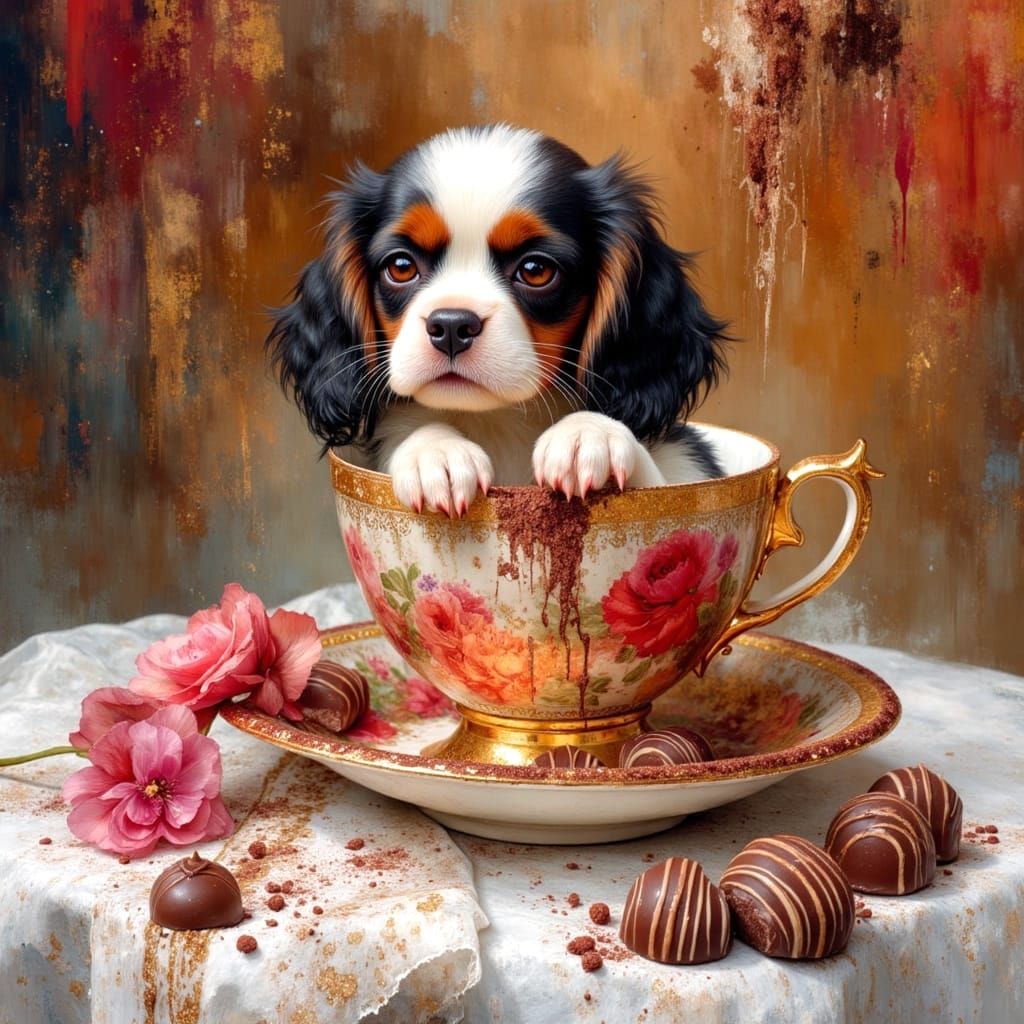 Puppy Covered in Chocolate Powder, Hyperdetailed Painting