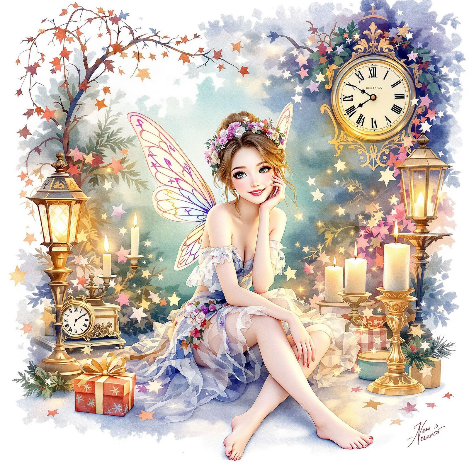 Magical Fairy with New Year Decorations in Watercolor Style