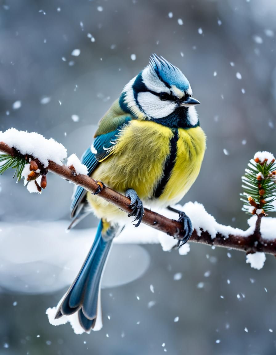 Blue Tit on Snowy Branch: A Winter Scene