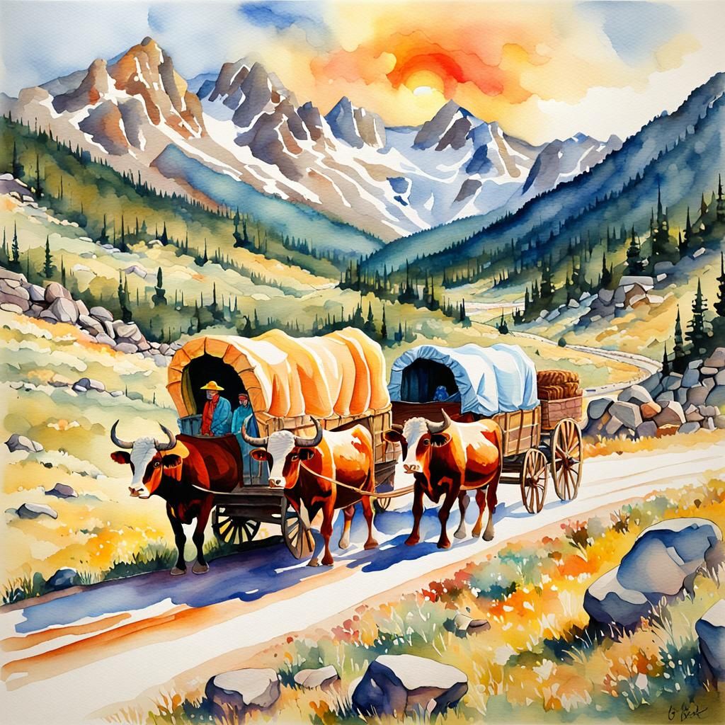 Oxen Wagon in Jar: Watercolor Ink Flow Masterpiece
