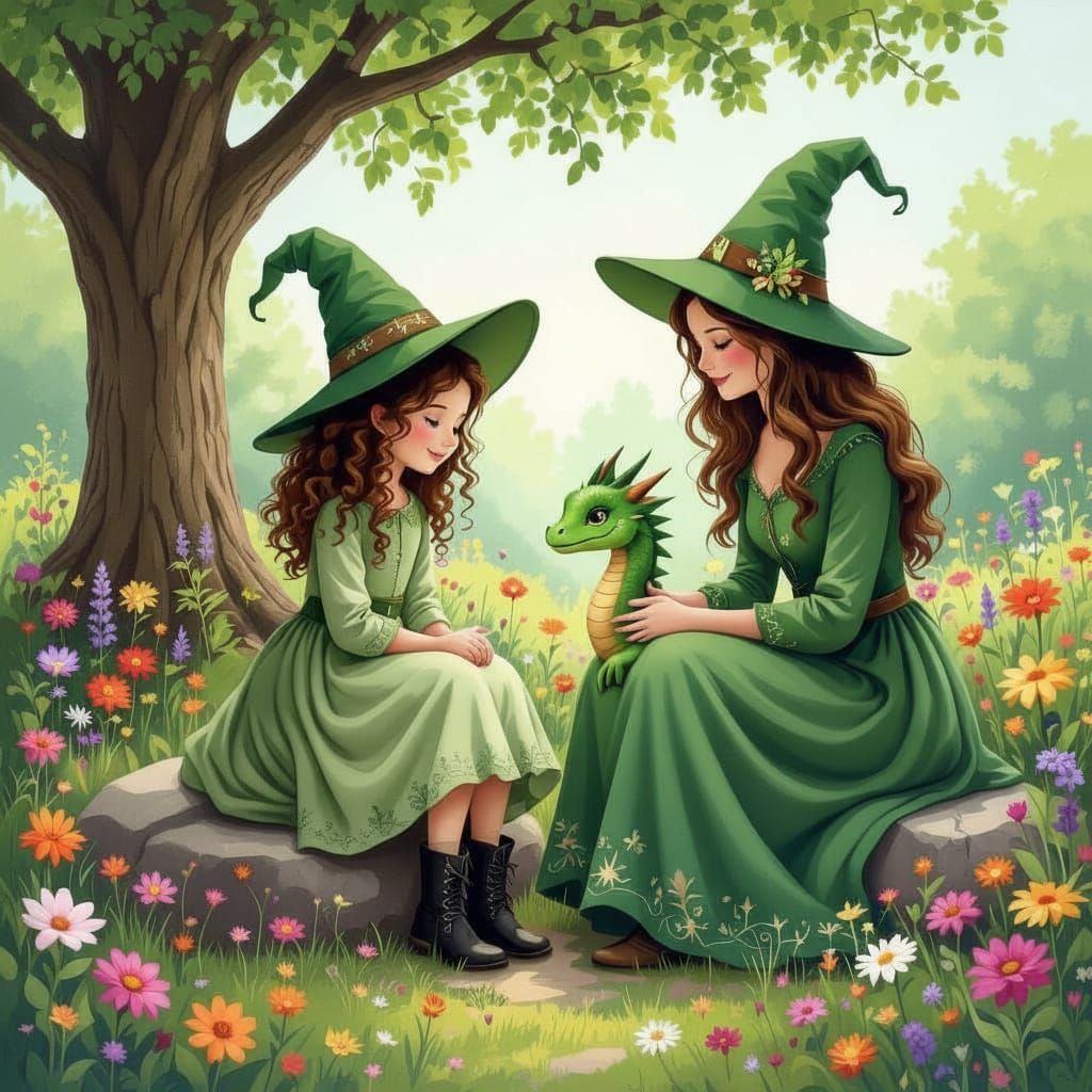 Whimsical Witches Meeting Dragon in Flower Garden