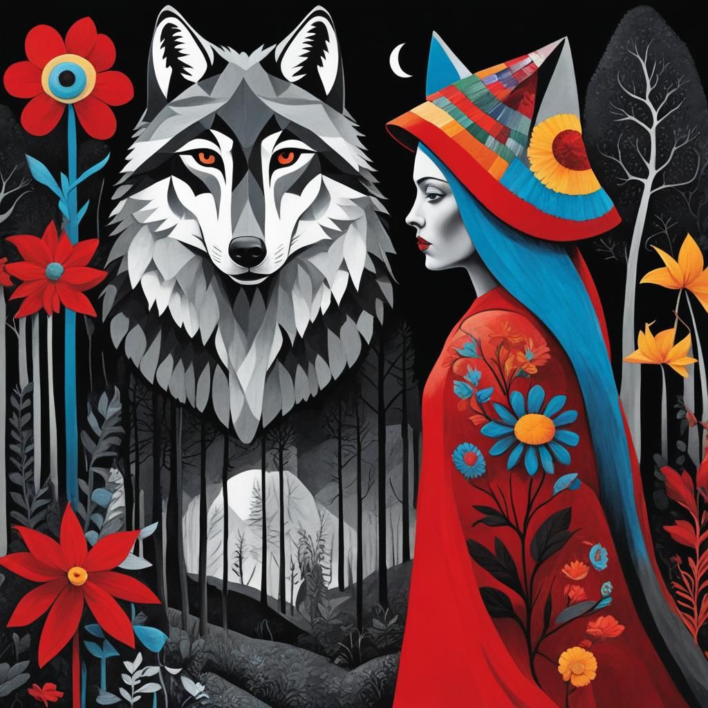 Photrealistic, Double Exposure, Wolf ,forest, Native American Red Riding Hood as a Hand Maid from A Handmaid's Tale, ...