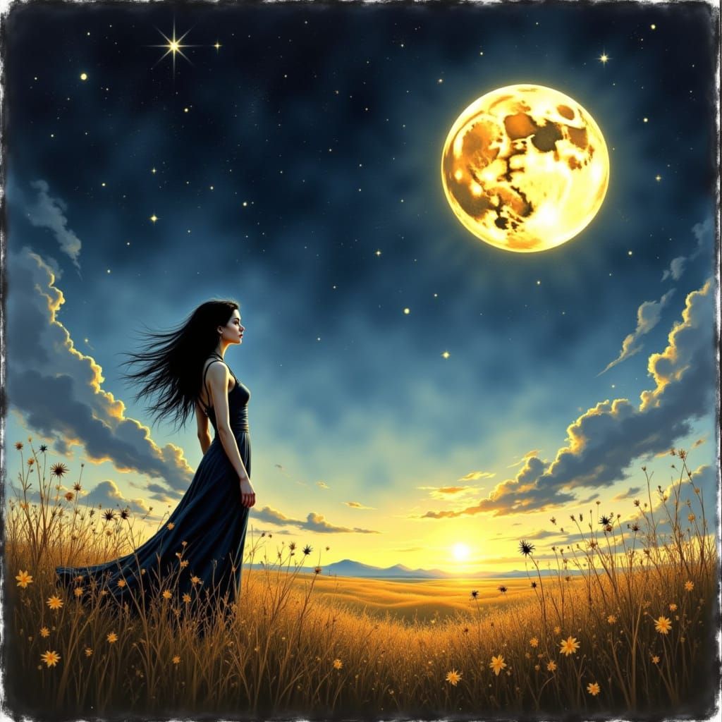 Golden Moonlit Night Sky with Elegant Figure