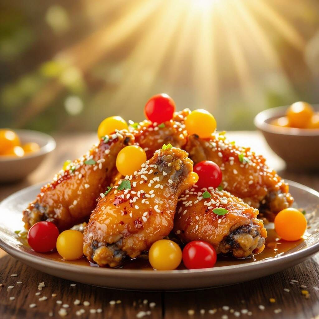 Golden Honey Chicken Wings with Sesame & Tomatoes