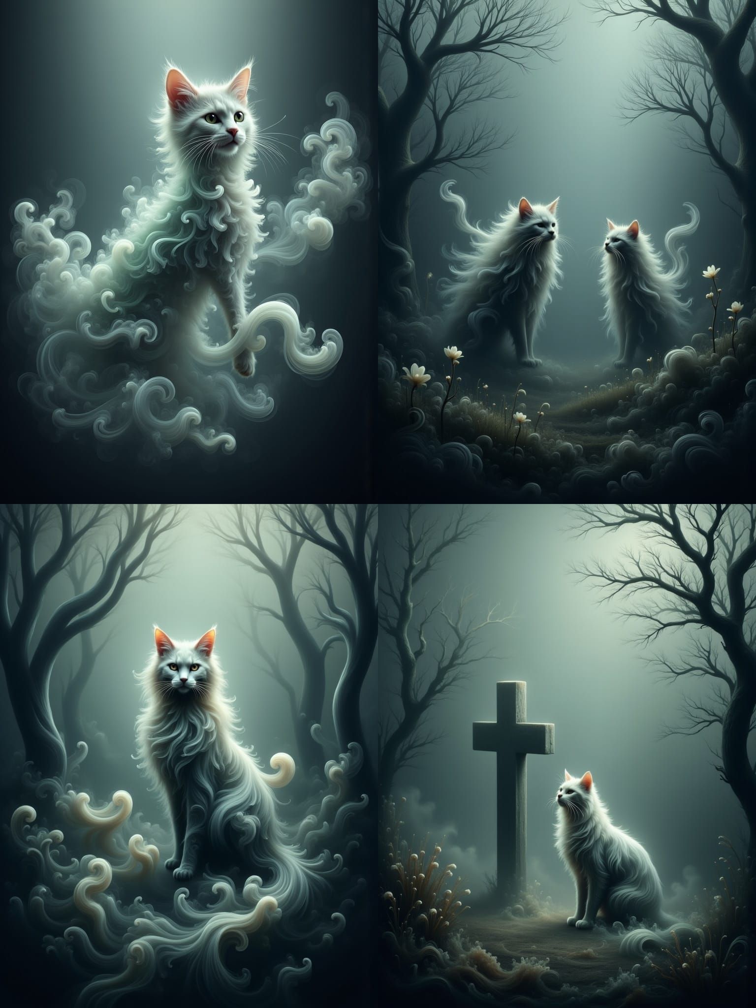 Ethereal Ghost Cats Emerging from Foggy Graveyard