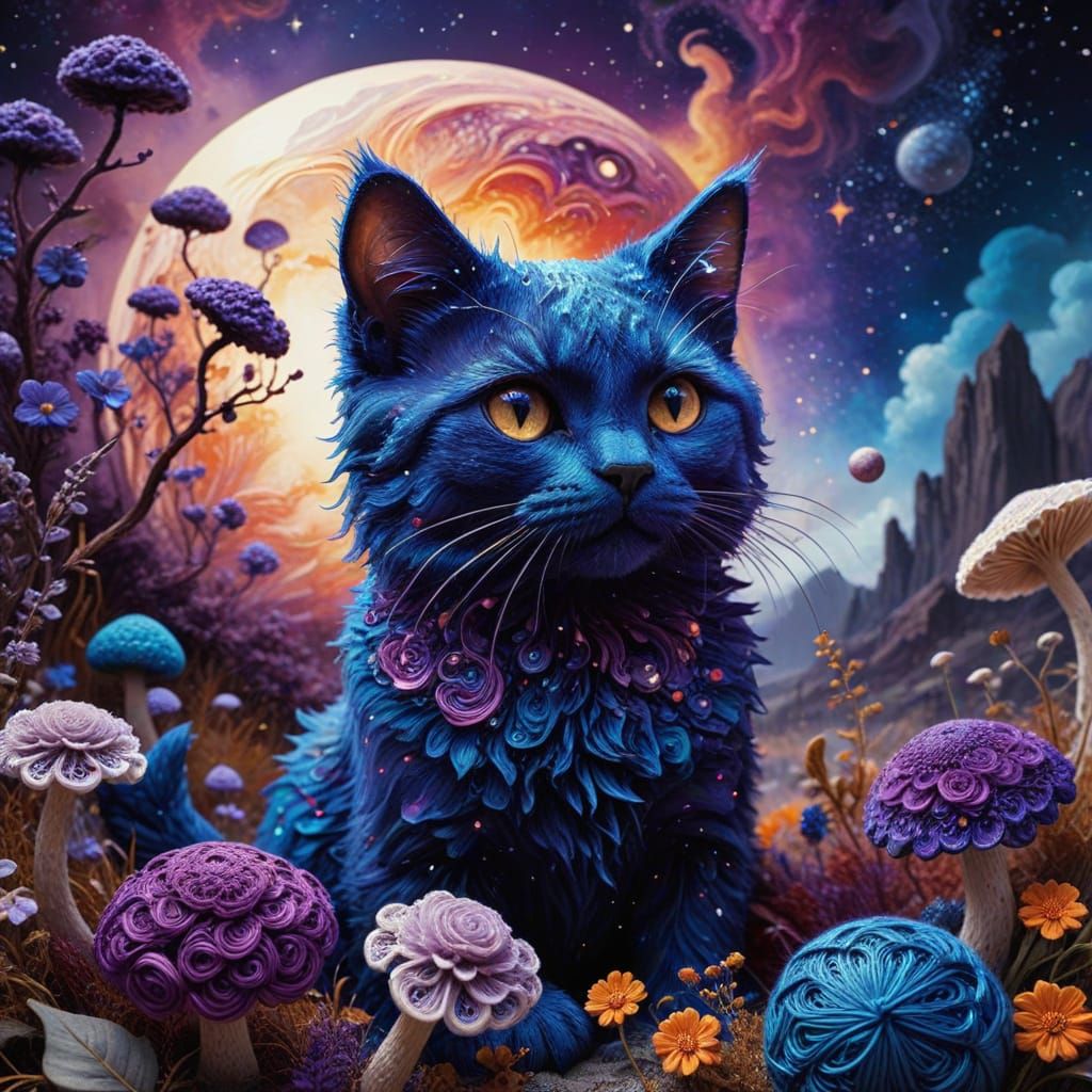 Whimsical Paisley Galaxy with Crocheted Kitten