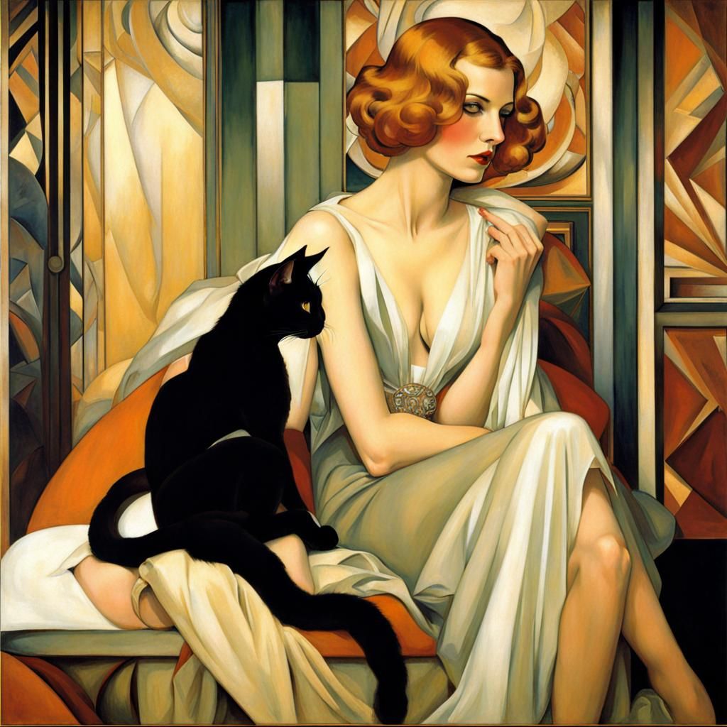 Art Deco Woman with Cat Interior