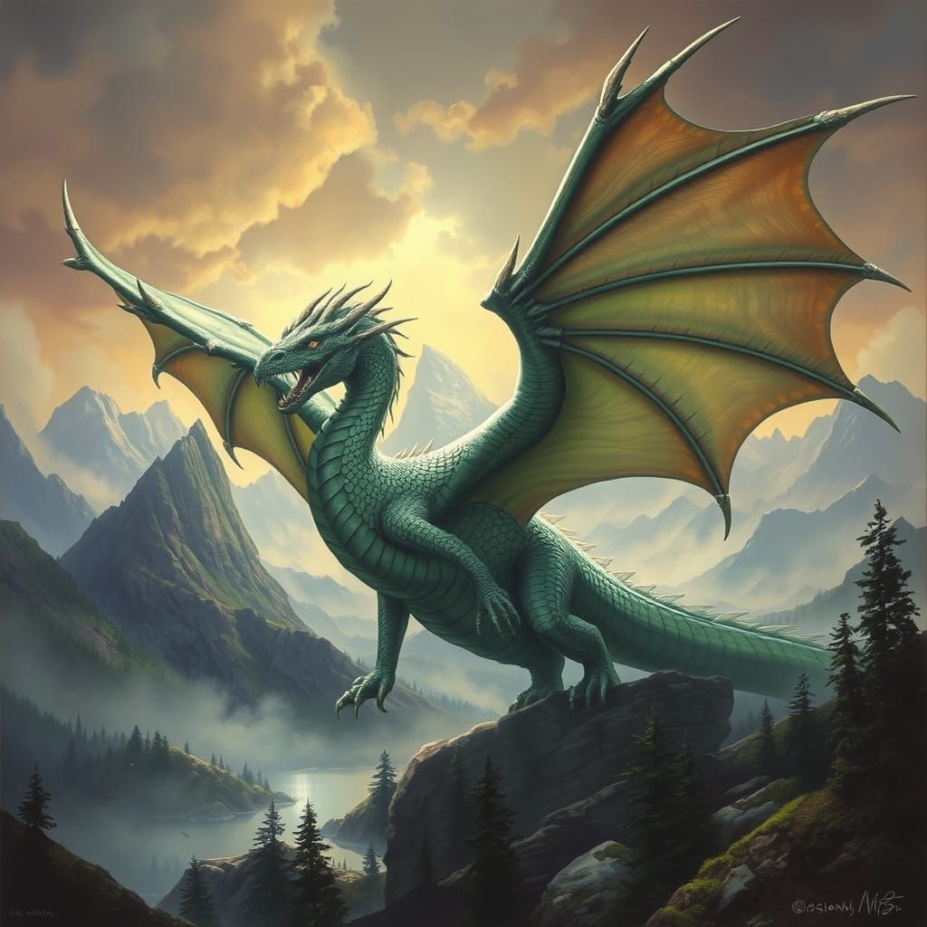Majestic Dragon Takes Flight in Fantasy Landscape
