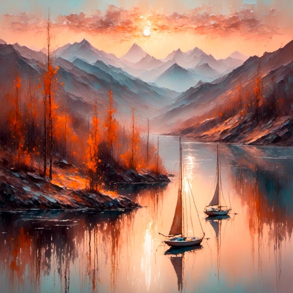 Sunset Sailboats on Mountain Lake: Surreal Pastel Painting