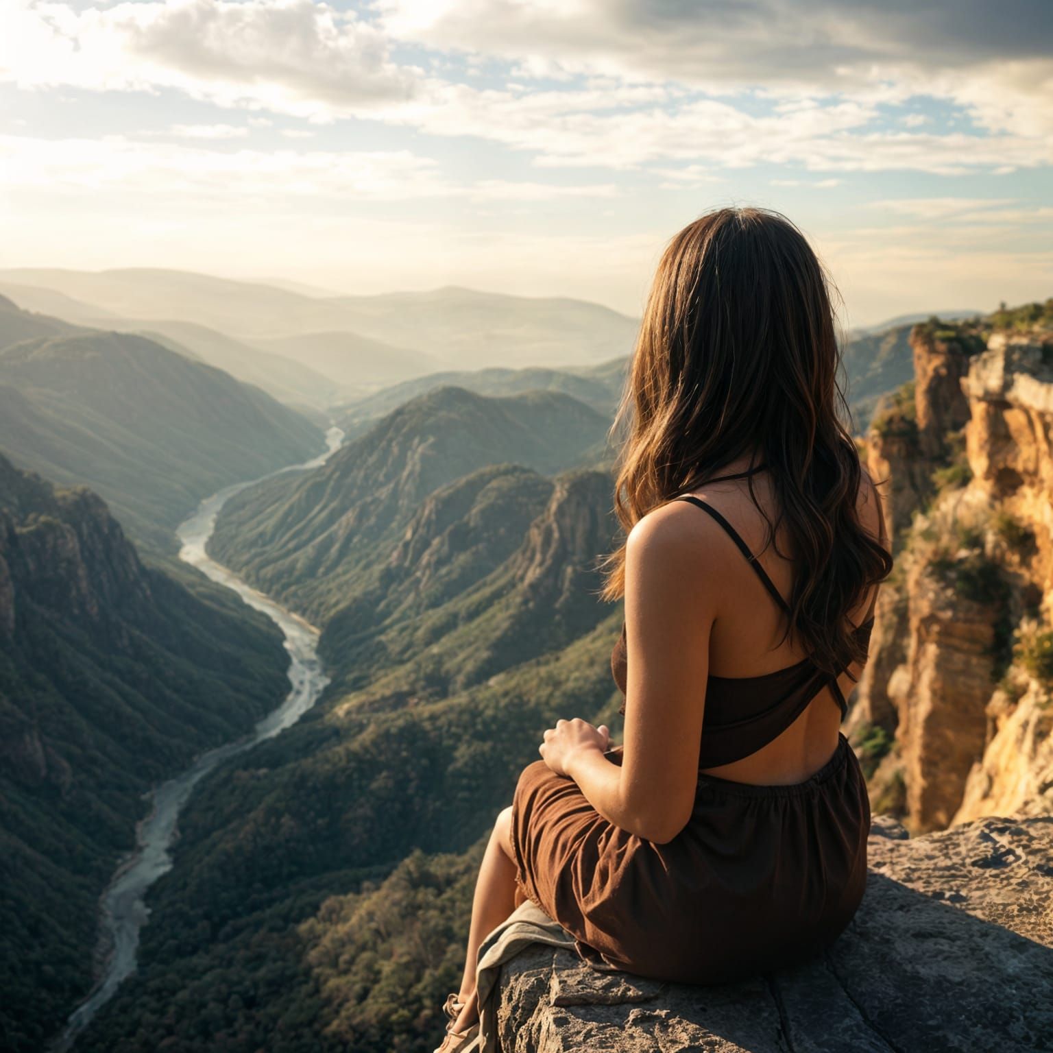 Hyperrealistic Woman Gazes Over Detailed Valley View