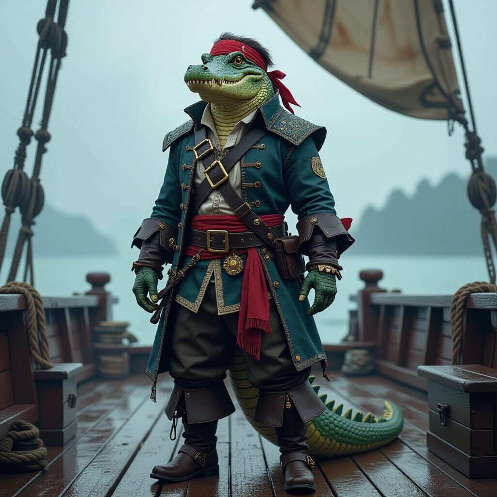 Crocodile Pirate on Ship Deck in Painterly Style