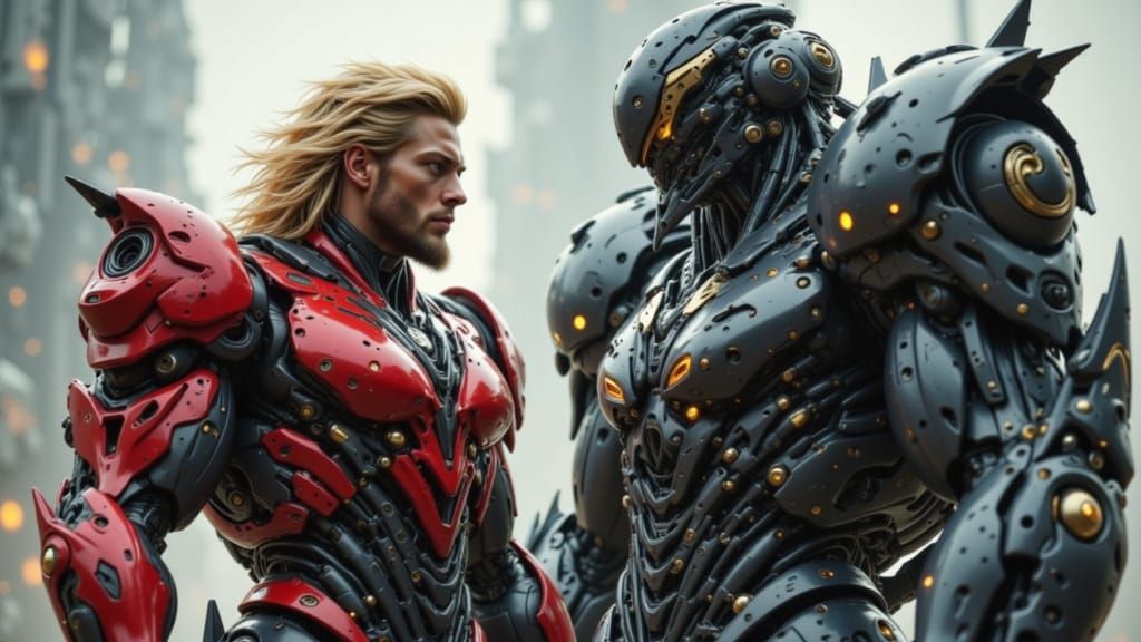Muscular Soldier Battles Black Mecha in Epic Cinematic Scene