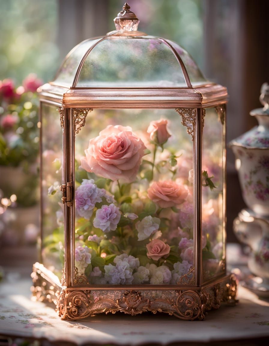 Ethereal Glass Curio Box with Rose Garden