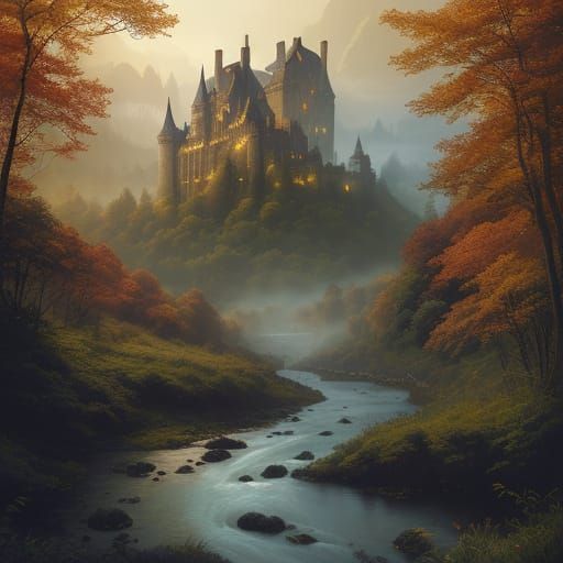 Majestic Castle Fills Valley, Surrounded by Lush Forests and...