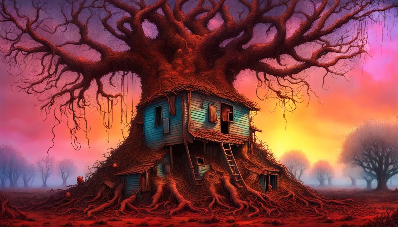 Hornero Building Nest in Lapacho Tree, Impasto Art