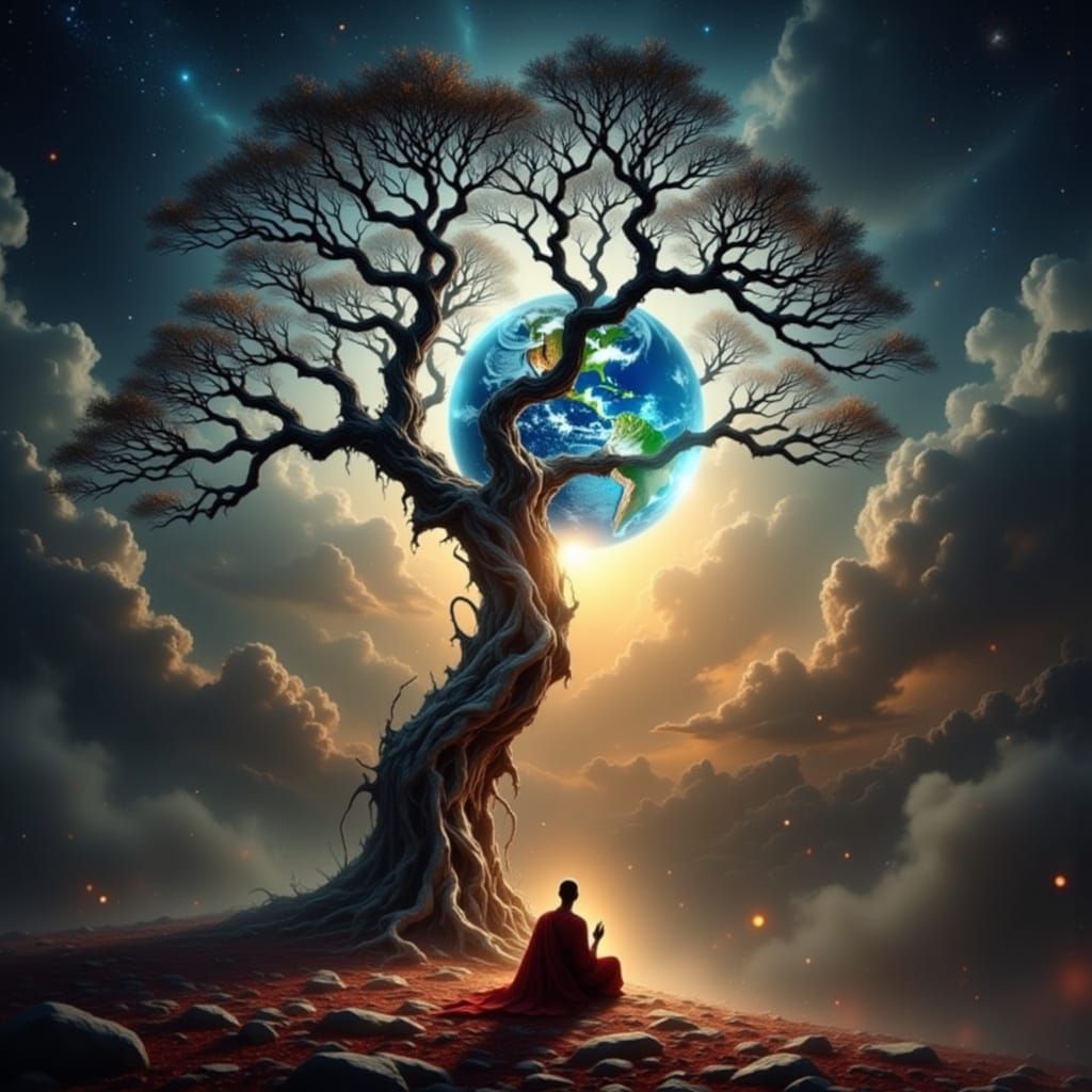 Baobab Tree Cradles Earth in Starry Space