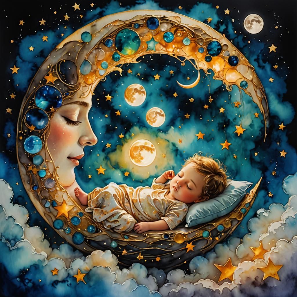 Child Sleeping in Moon, Whimsical Mixed Media Art