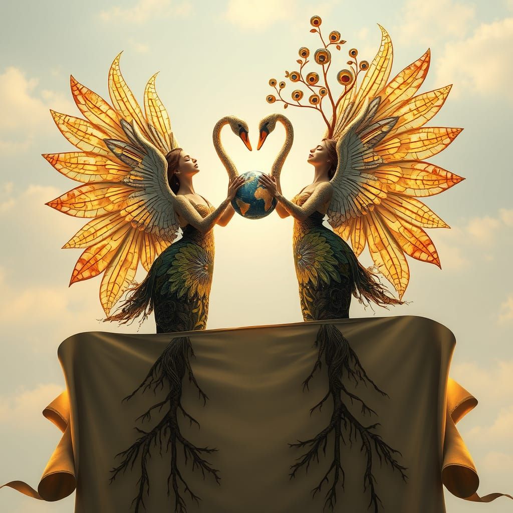 Women Rise Up with Iridescent Swan Wings, Embodying Resilien...