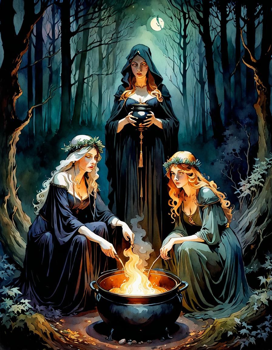 Moody Watercolor of the Three Fates in Dark Woods