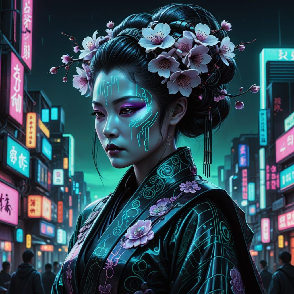 Cyberpunk Geisha in Neon Noir Twilight