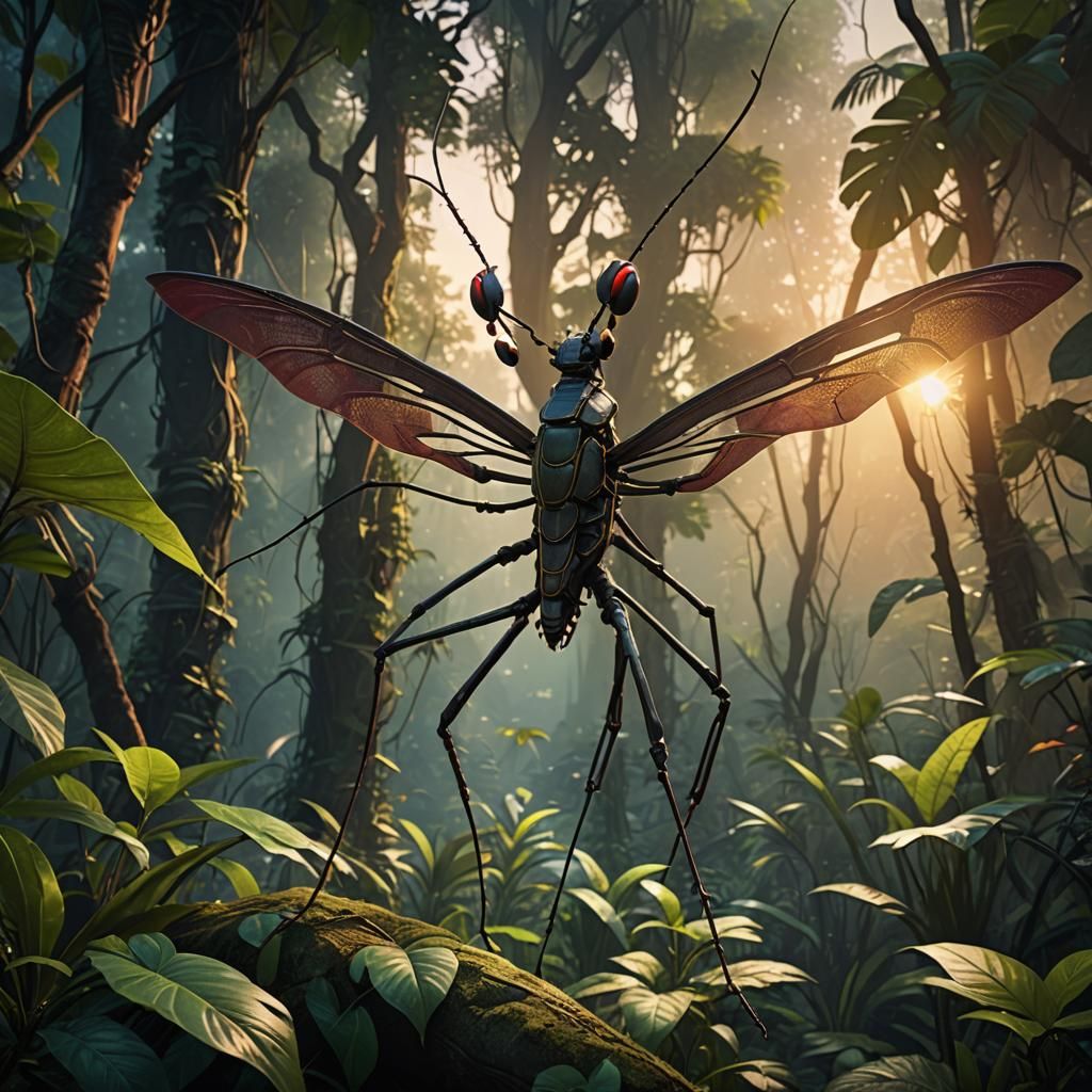 Stick Insect Jungle Sunset: Detailed Matte Painting