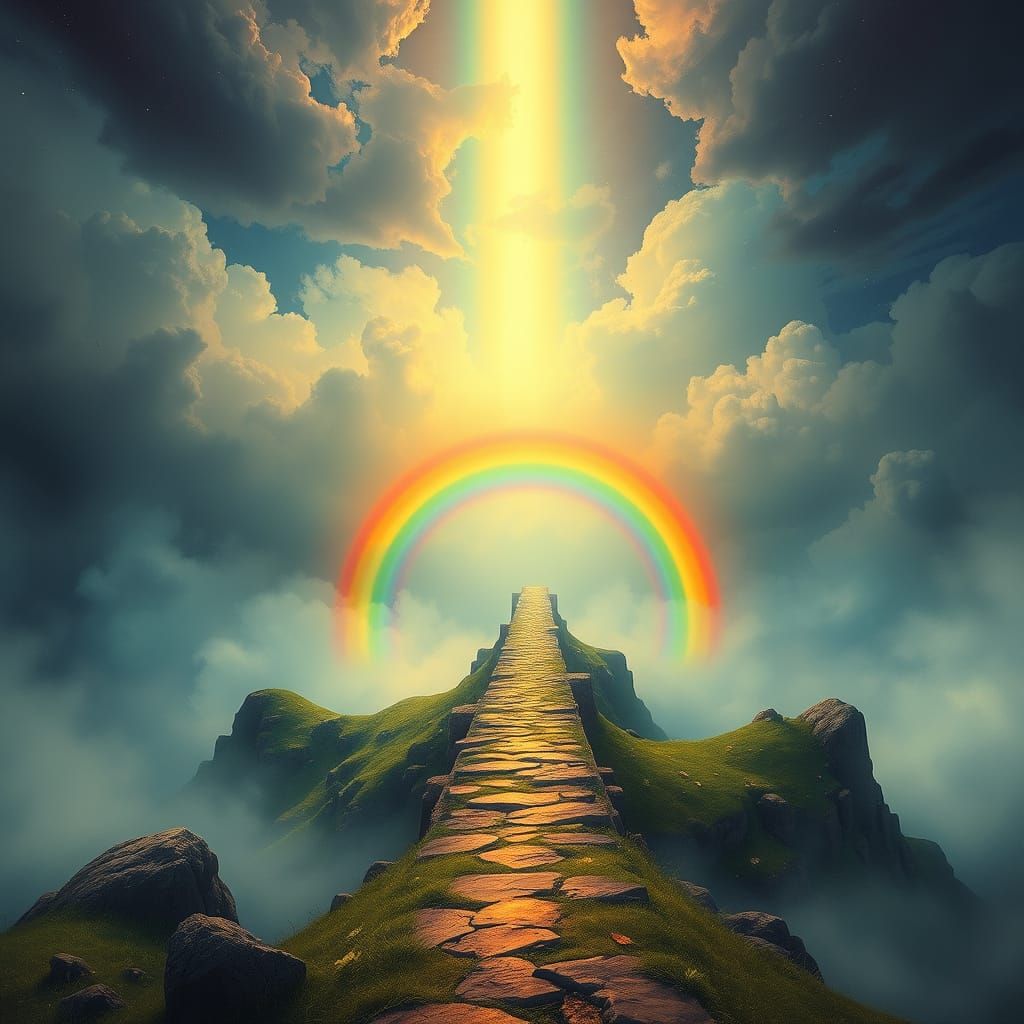 Magical Rainbow Bridge in Dreamlike Landscape