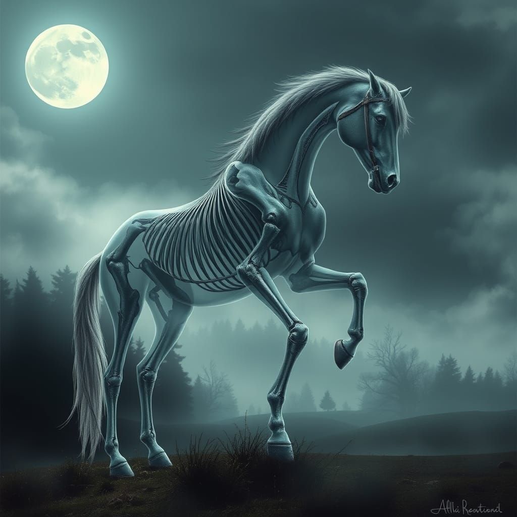 Majestic Skeleton Horse in Haunting Landscape