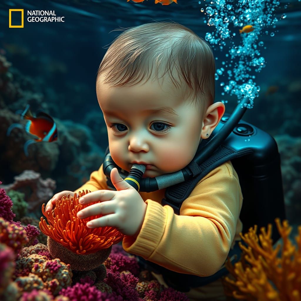 Baby Scuba Diver Explores Coral Reef