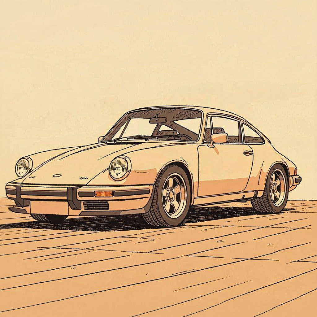 Woman in Catsuit Leaning on Porsche, in 90s Comic Art Style