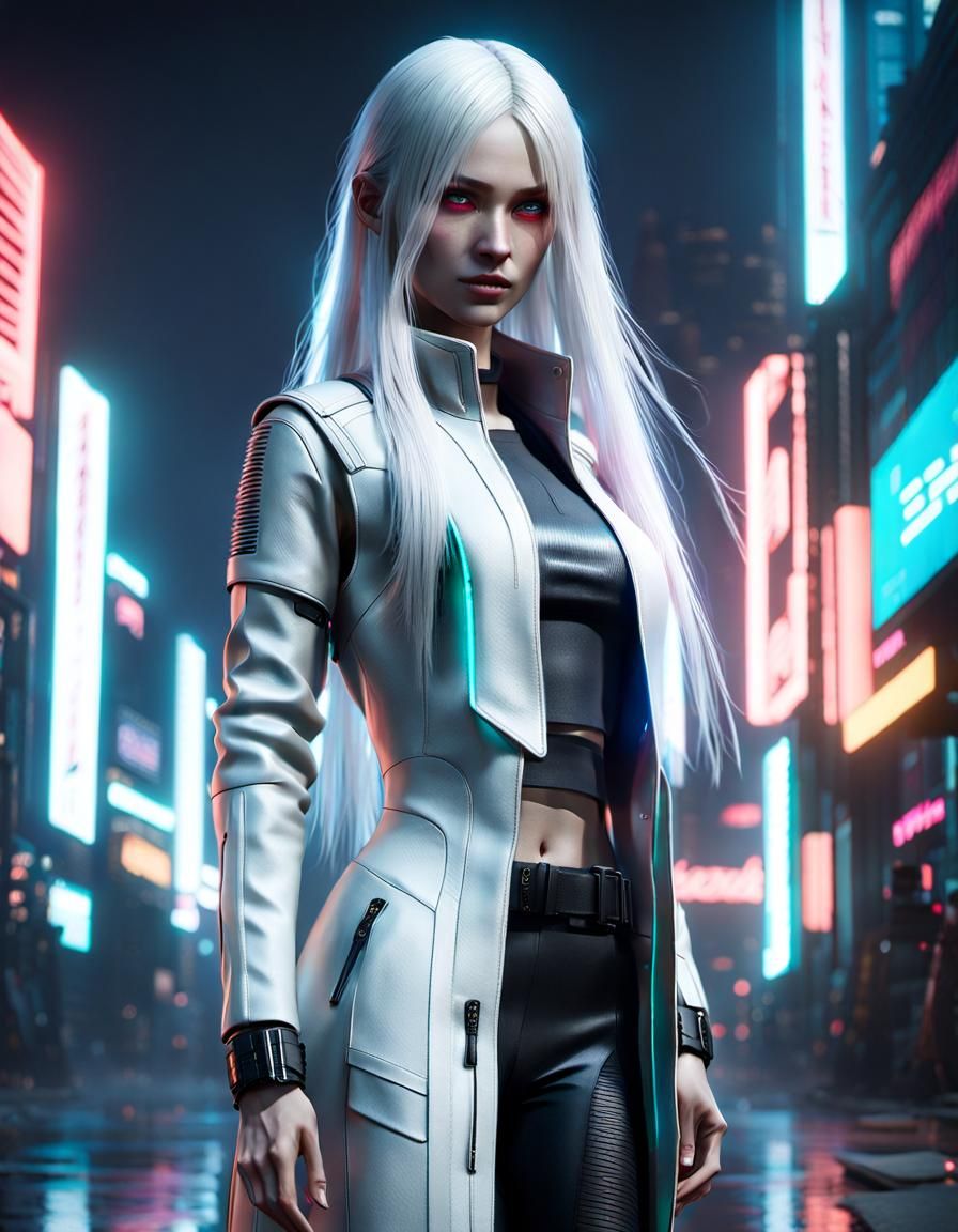 Ethereal Cyberpunk Girl with White Hair, 3D Render