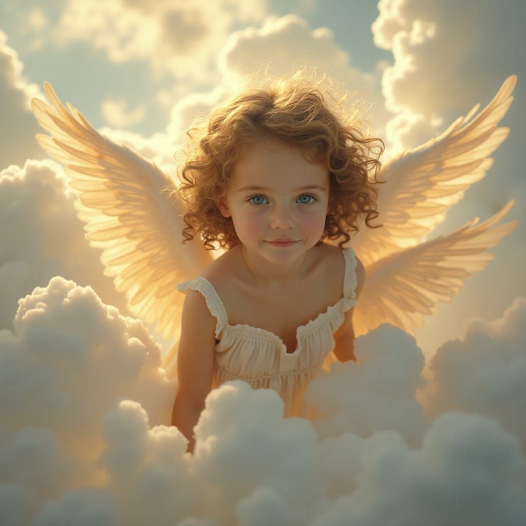 Young Girl Surrounded by Angels in Heavenly Landscape