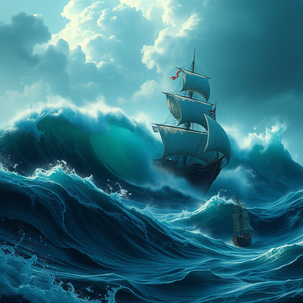 Sailing Ship on Stormy Ocean: Dark Fantasy Art