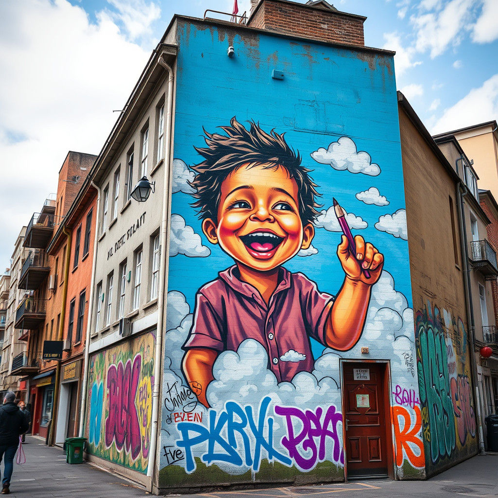 Whimsical Street Art of Child Painting Clouds