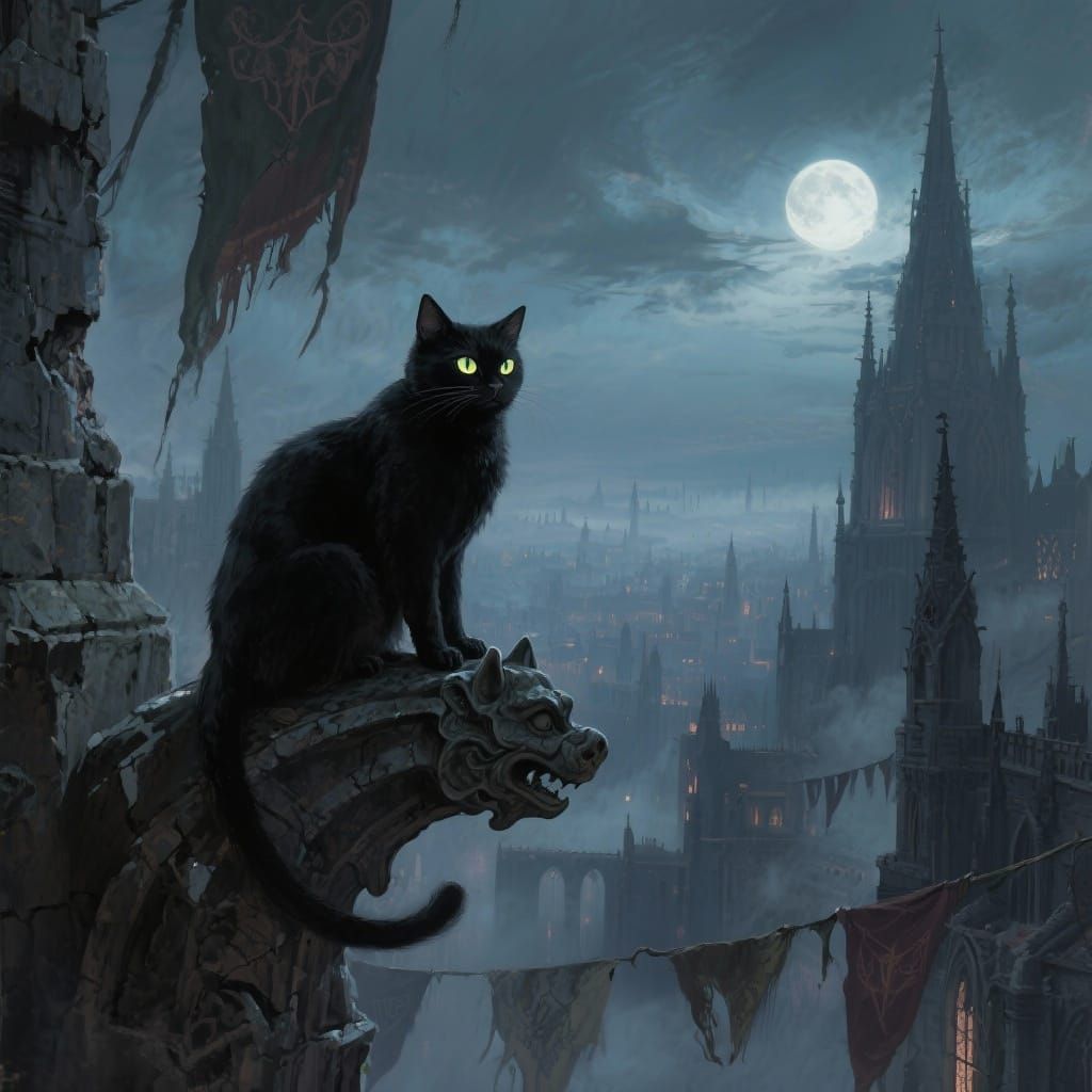 Regal Black Cat on Gargoyle Above Misty Medieval City