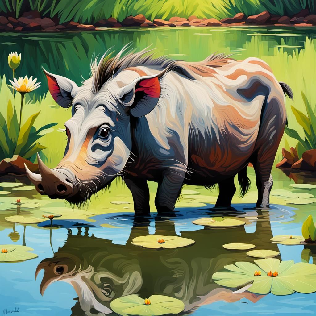 Vibrant Fauvist Warthog at Tranquil Waterhole