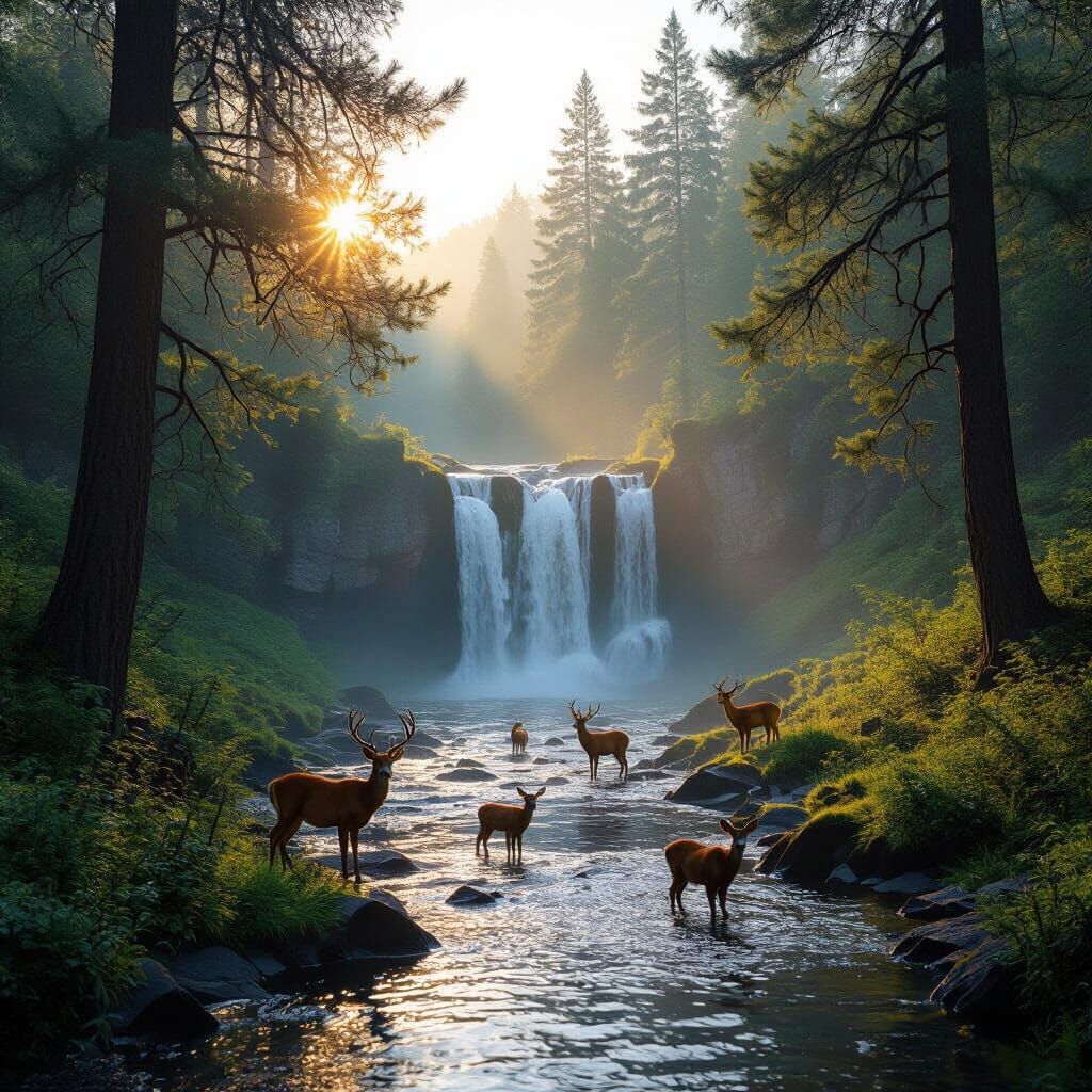 Sunlit Waterfall Scene with Deer at Dawn
