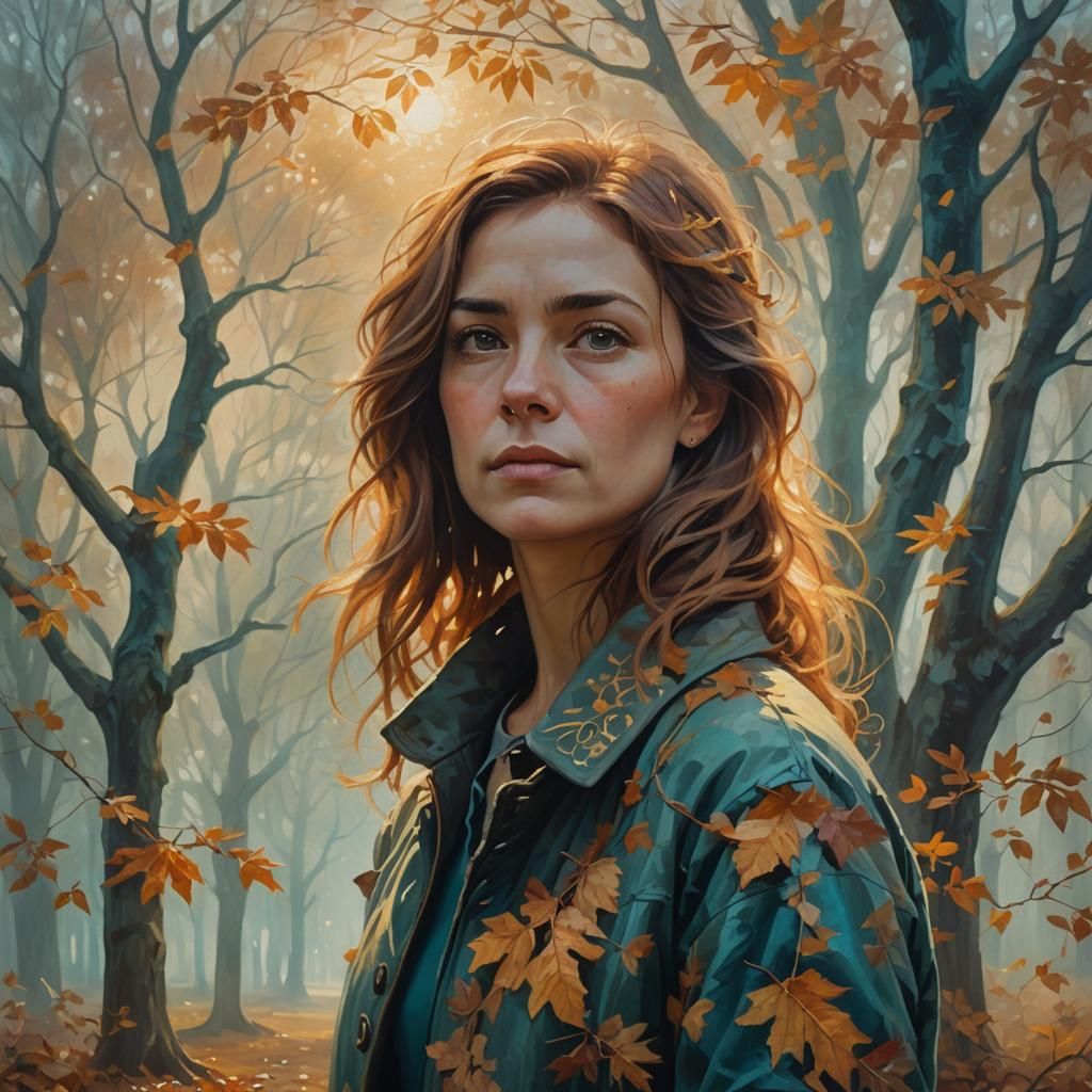 Woman in Misty Autumn Park: Oil Painting Portrait