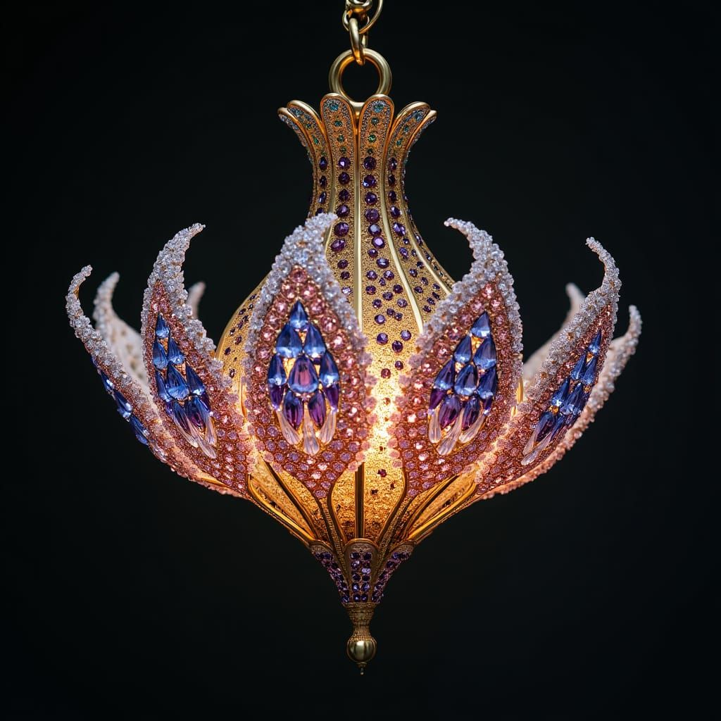 Ornate Gem-Encrusted Flower Lamp in Art Nouveau Style