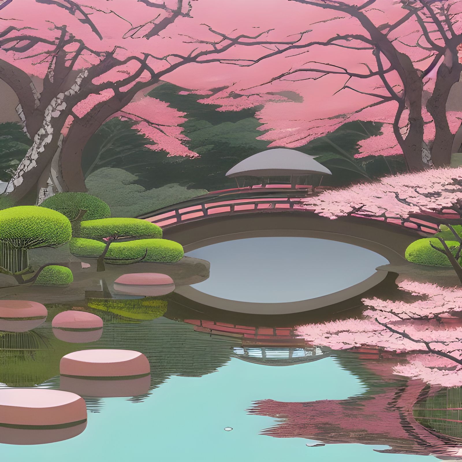 Japanese Garden with Koi Ponds, Ukiyo-e Style