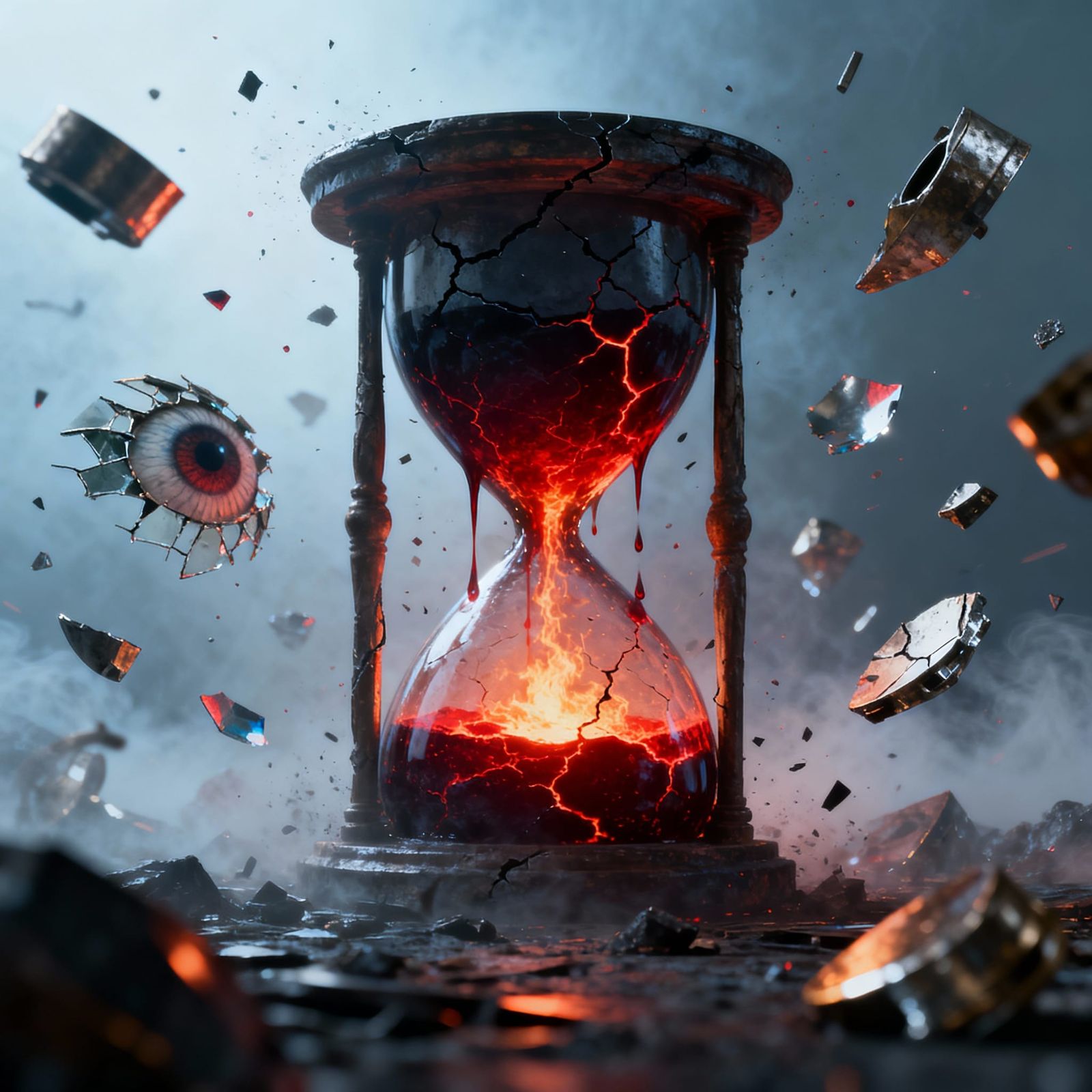 Surreal Hourglass With Glowing Red Substance And Floating De...