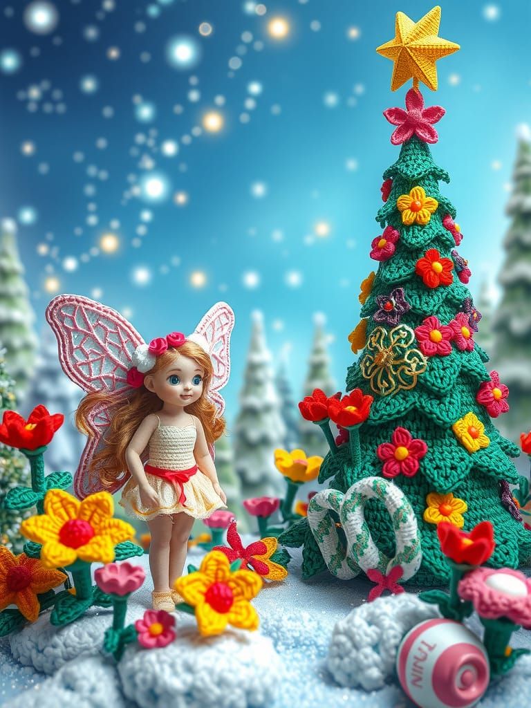 Klimt Style Crochet Fairies in Snowy Rainforest