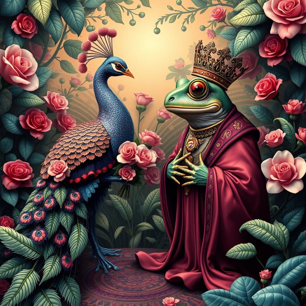 Whimsical Peacock Meets Royal Frog in Vibrant Baroque Garden
