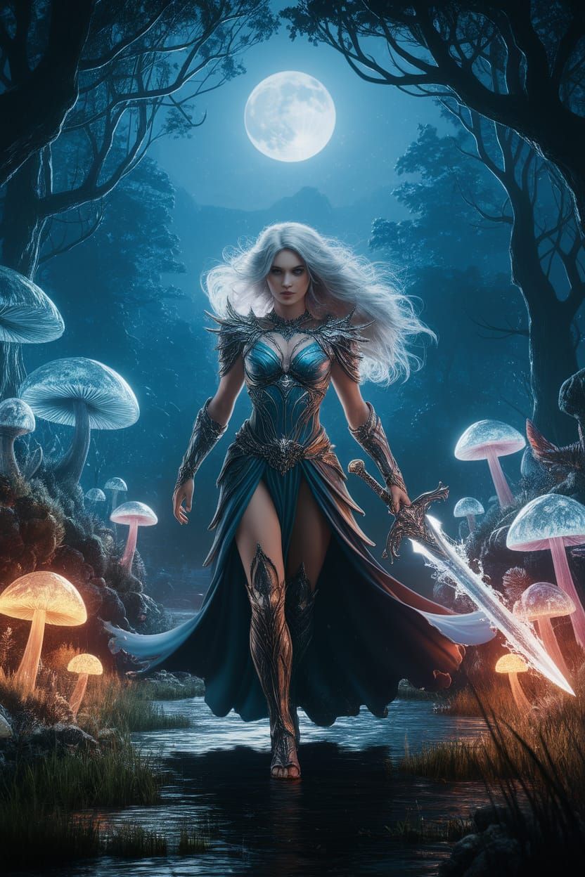Cyberpunk Warrior Goddess Radiates Energy in Moonlit Forest