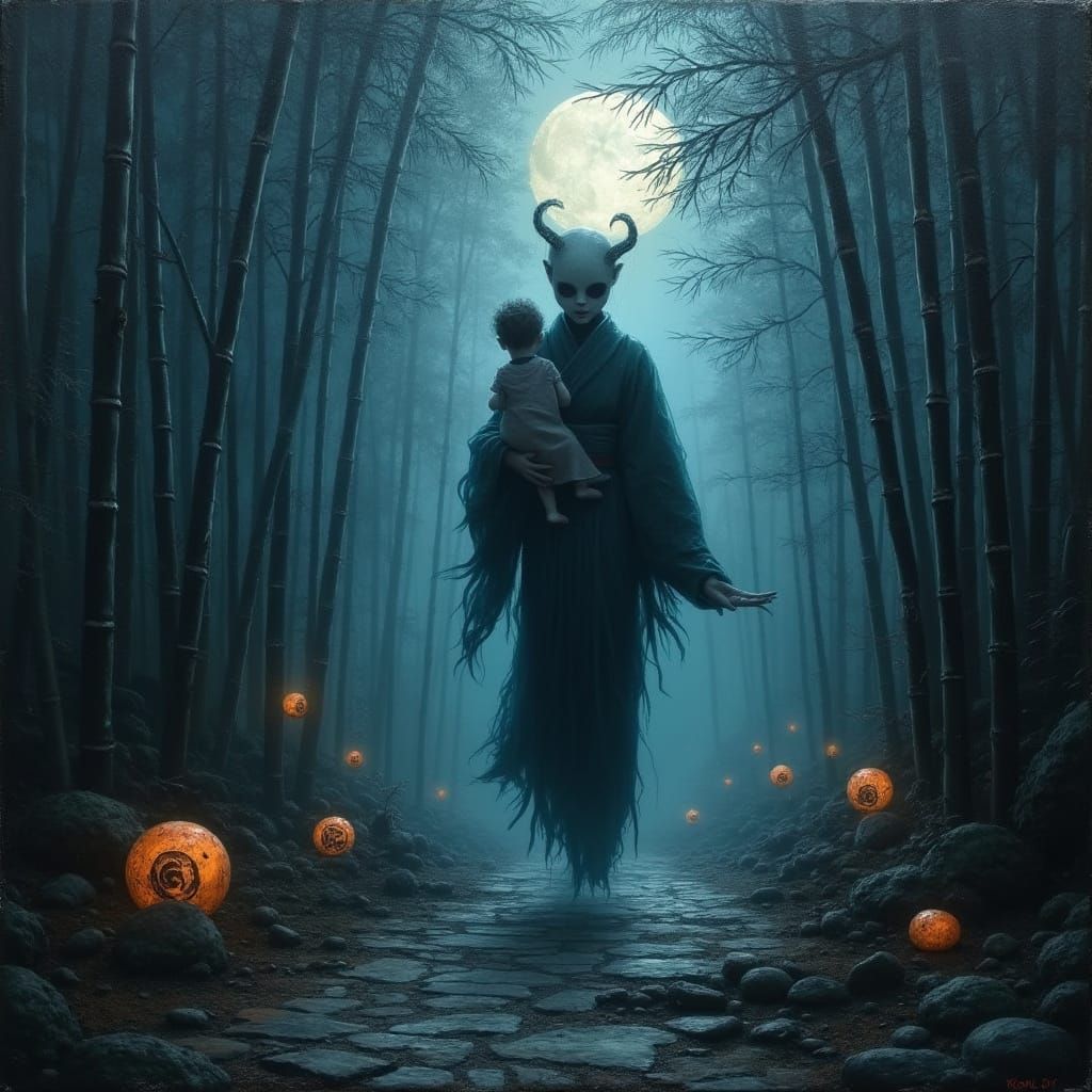 Ethereal Oni Mother in Moonlit Bamboo Forest