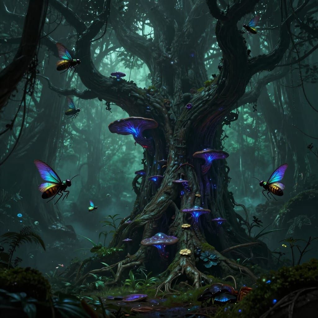 Alien Jungle Tree with Bioluminescent Fungi and Insects