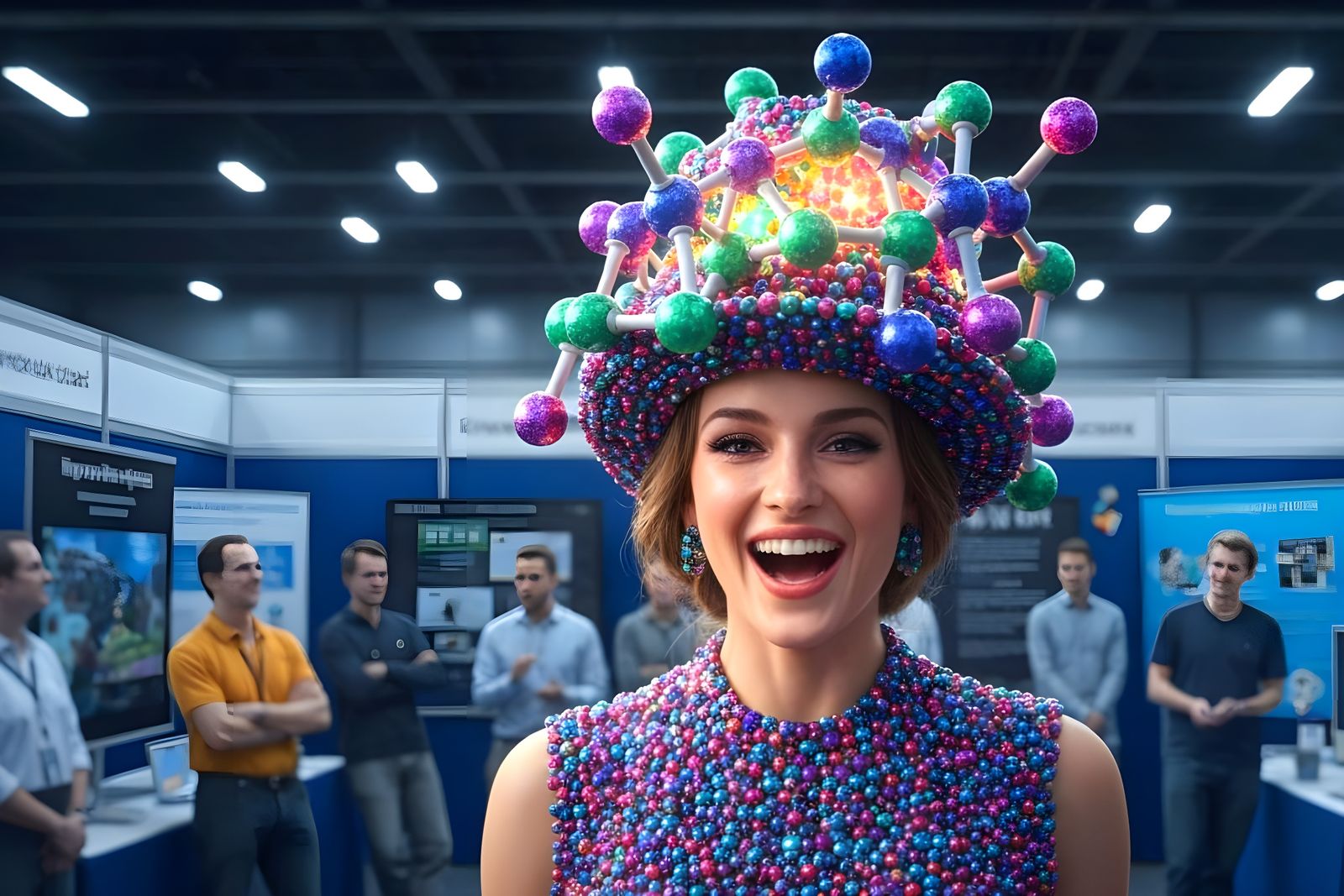 Woman Wears Ornate Hat of Molecular Models