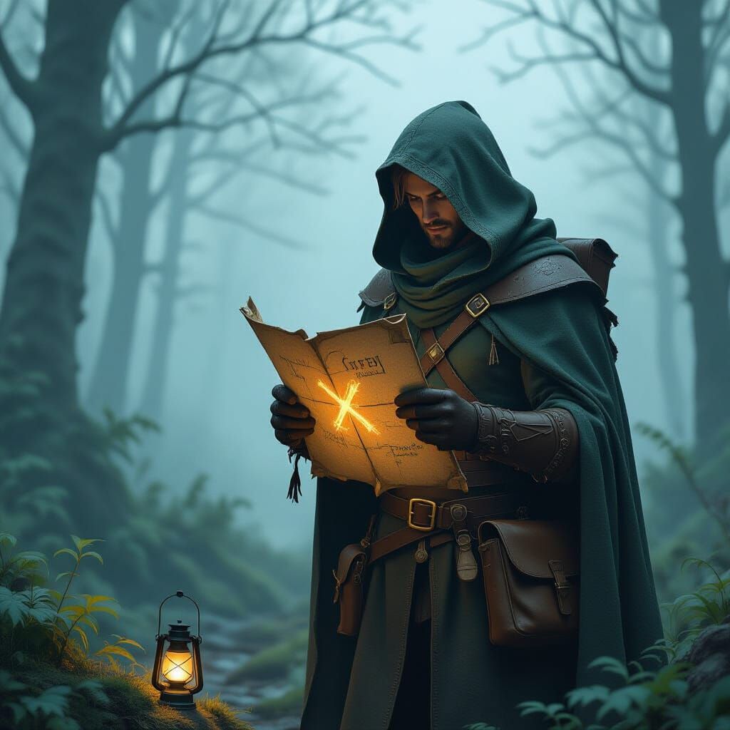 Mysterious Traveler at Misty Forest Edge, Digital Art